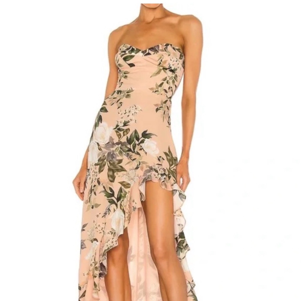 Amanda Uprichard Strapless Floral High-Low Dress In Blush And Green